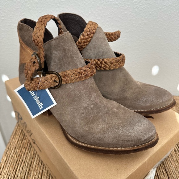 NEW Rebels Taupe Suede Ankle Boots with Braided Straps - Picture 1 of 7